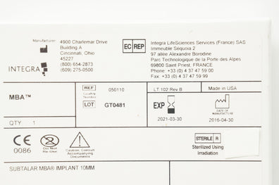 Integra 050110 Subtalar MBA, Implant 10mm (x)
